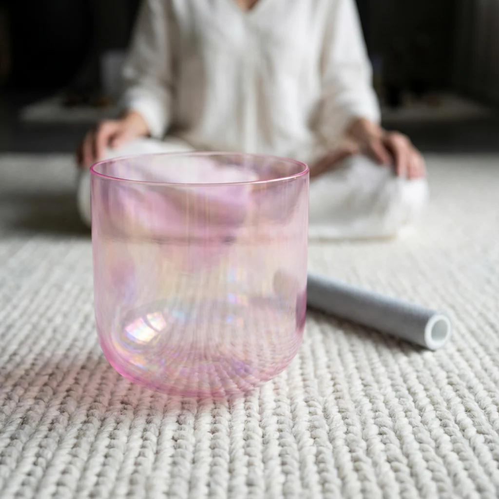 432Hz Alchemy Cosmic Light Clear Pink Crystal Singing Bowl with Bag - Image 3