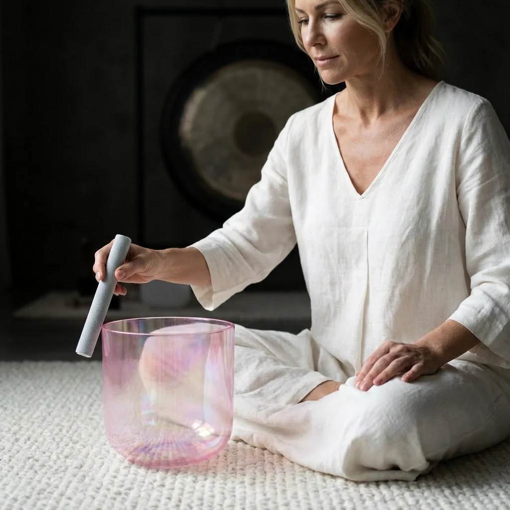 432Hz Alchemy Cosmic Light Clear Pink Crystal Singing Bowl with Bag - Image 6