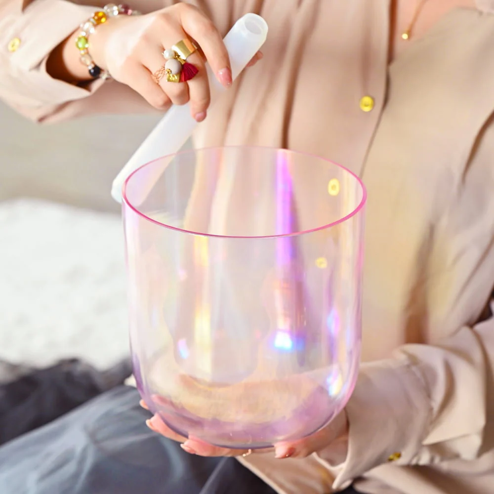 432Hz Alchemy Cosmic Light Clear Pink Crystal Singing Bowl with Bag - Image 8