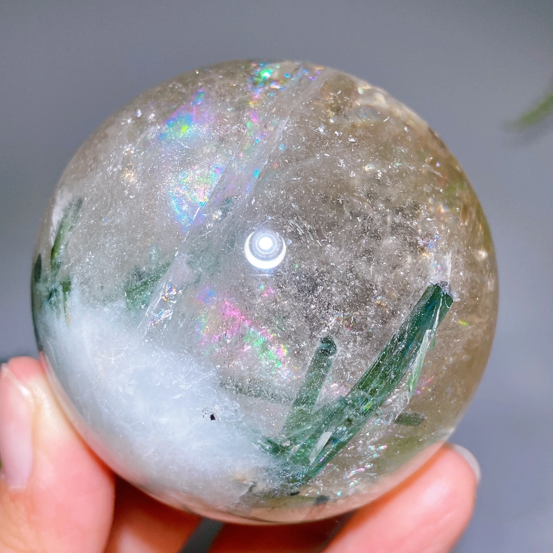 65mm Green Tourmaline in Quartz Crystal Sphere - Image 4