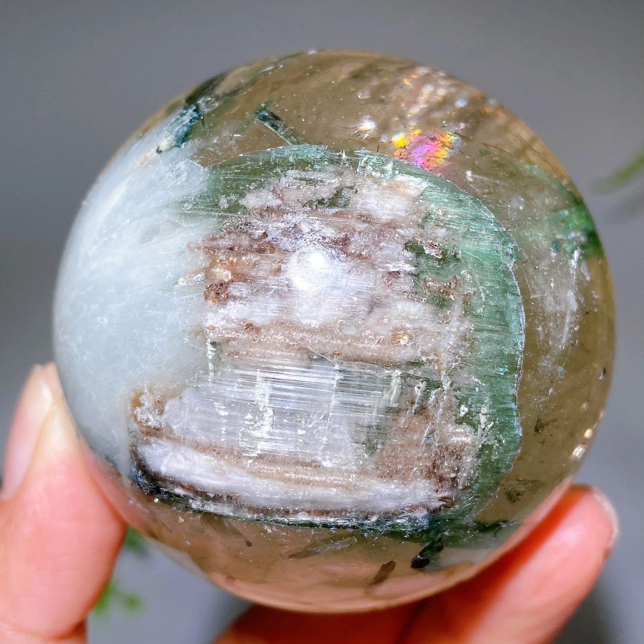 65mm Green Tourmaline in Quartz Crystal Sphere - Image 7
