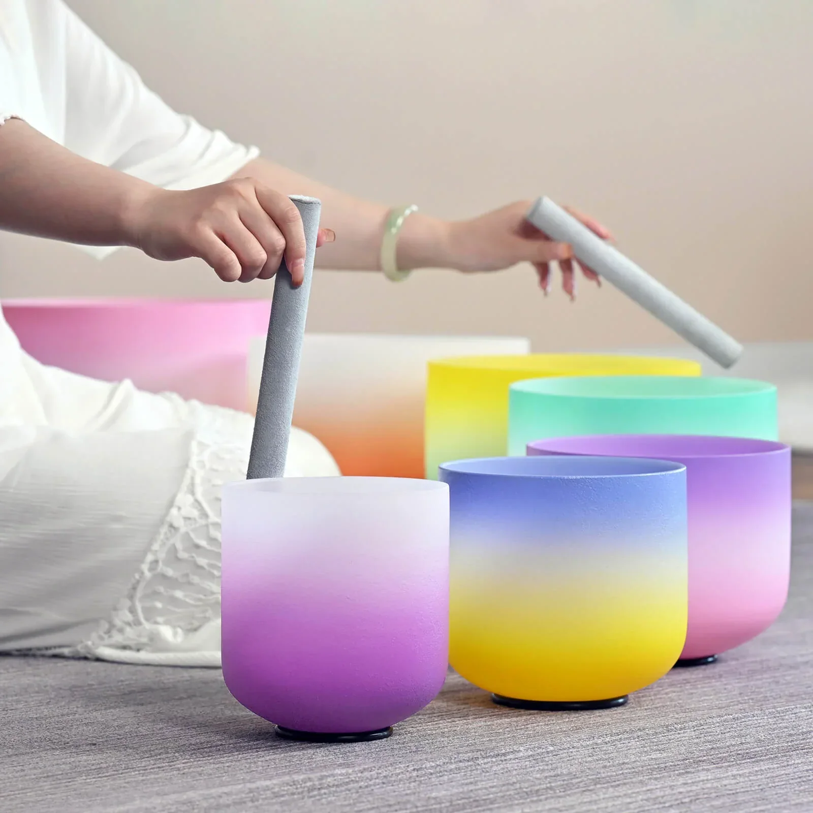 Candy Colored Frosted Quartz Crystal Singing Bowl Set - Image 5
