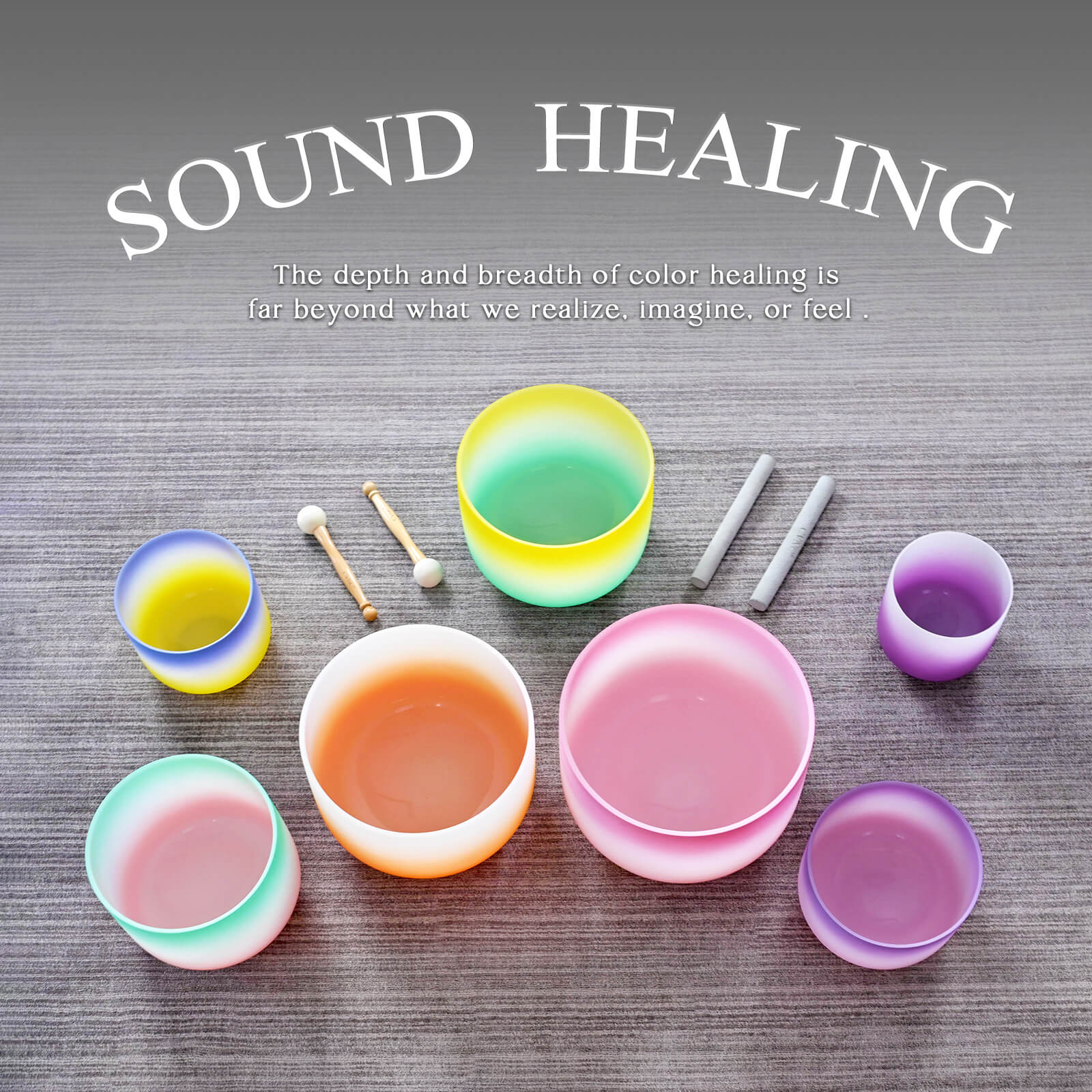 Candy Colored Frosted Quartz Crystal Singing Bowl Set - Image 7