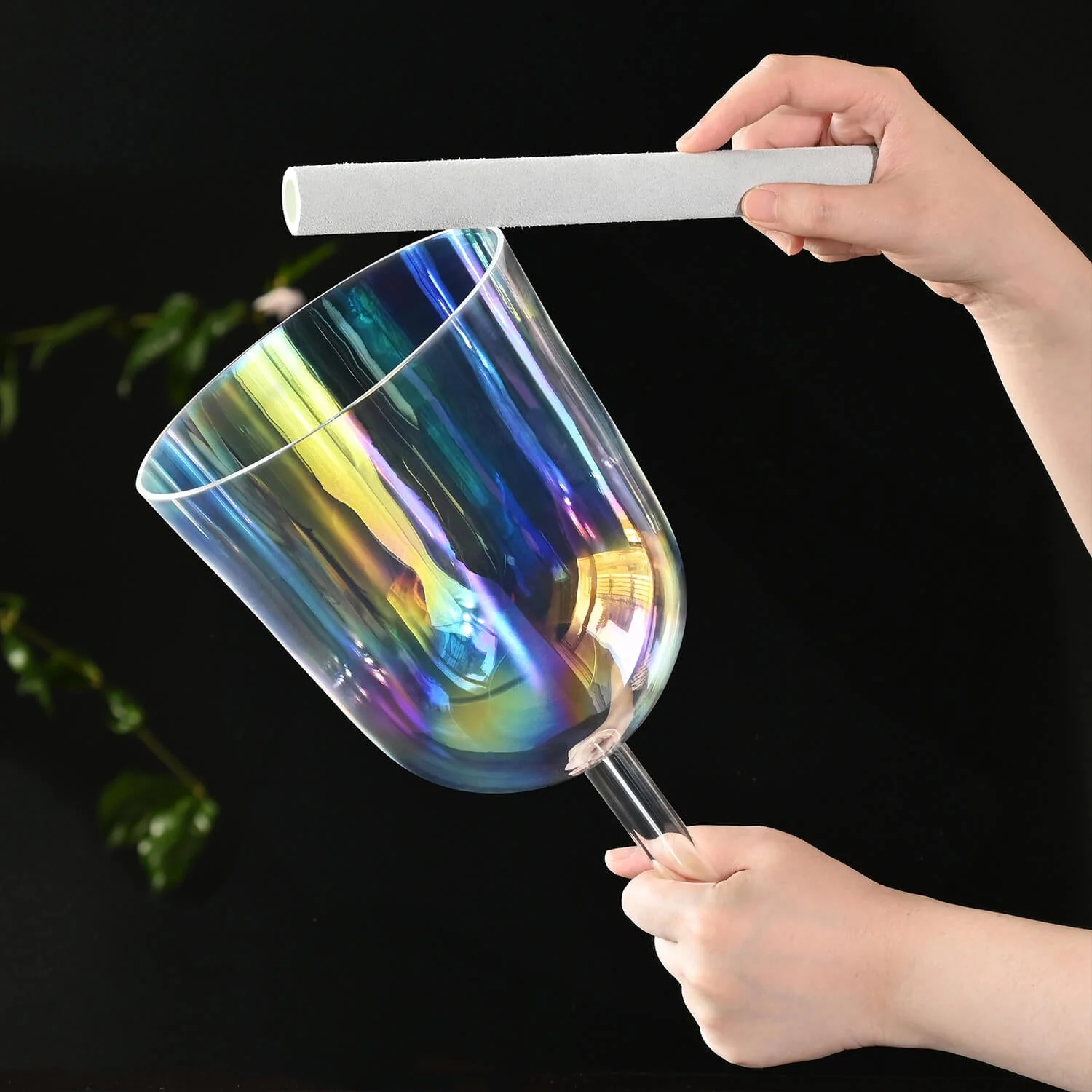 Clear Rainbow Quartz Crystal Singing Bowl with Handle - Image 3
