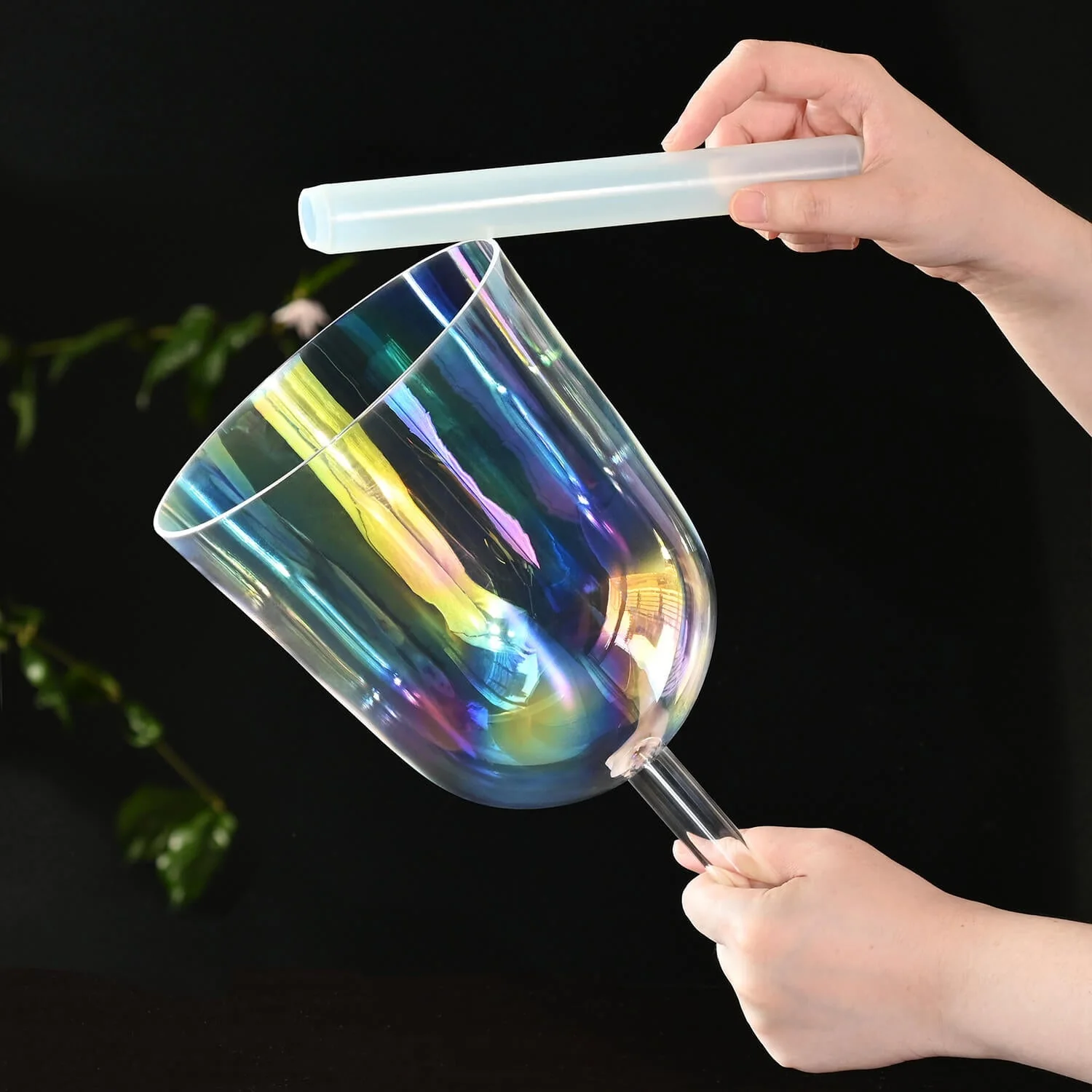 Clear Rainbow Quartz Crystal Singing Bowl with Handle - Image 4