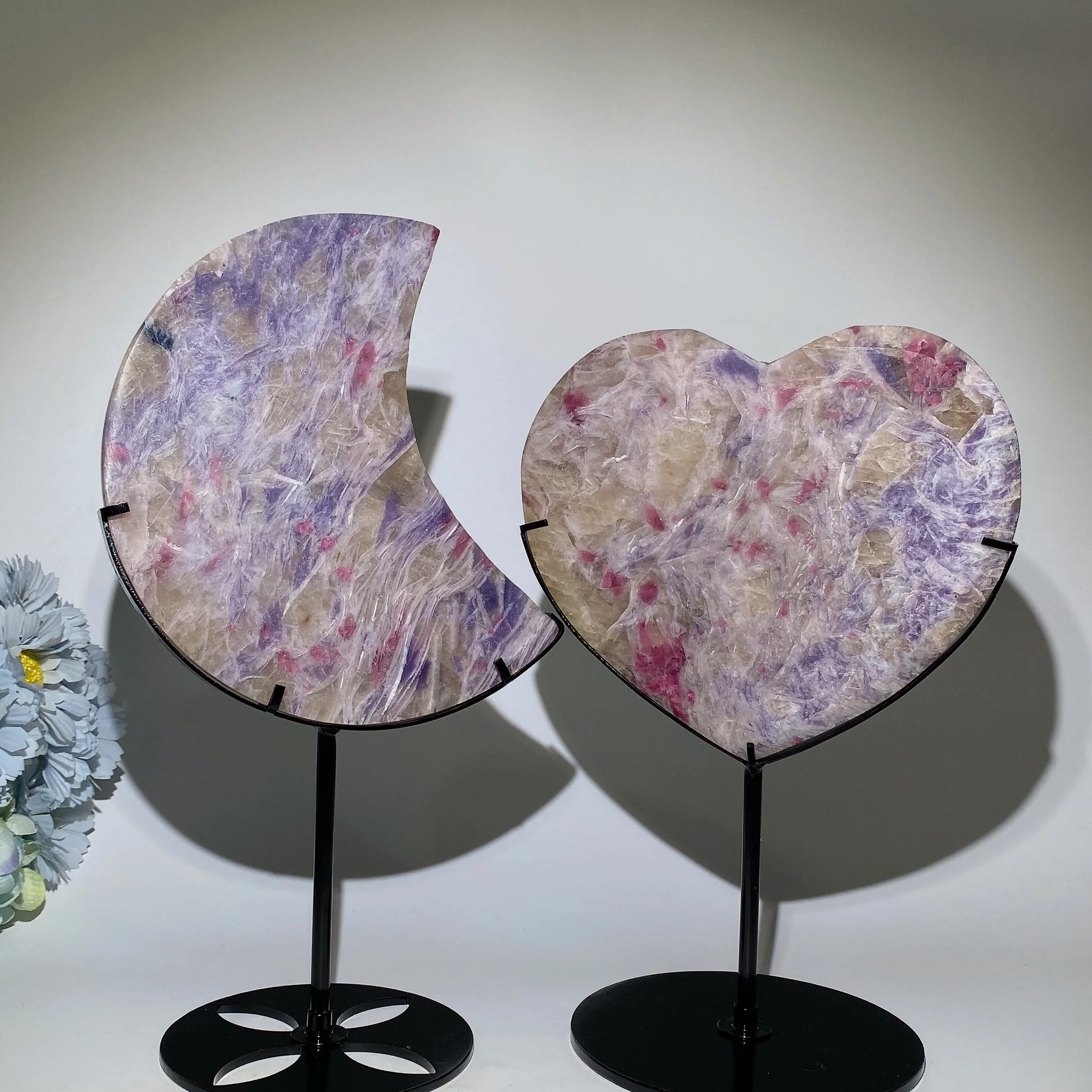 Large Crystal Heart & Moon Stone Carvings with Stand - Image 3