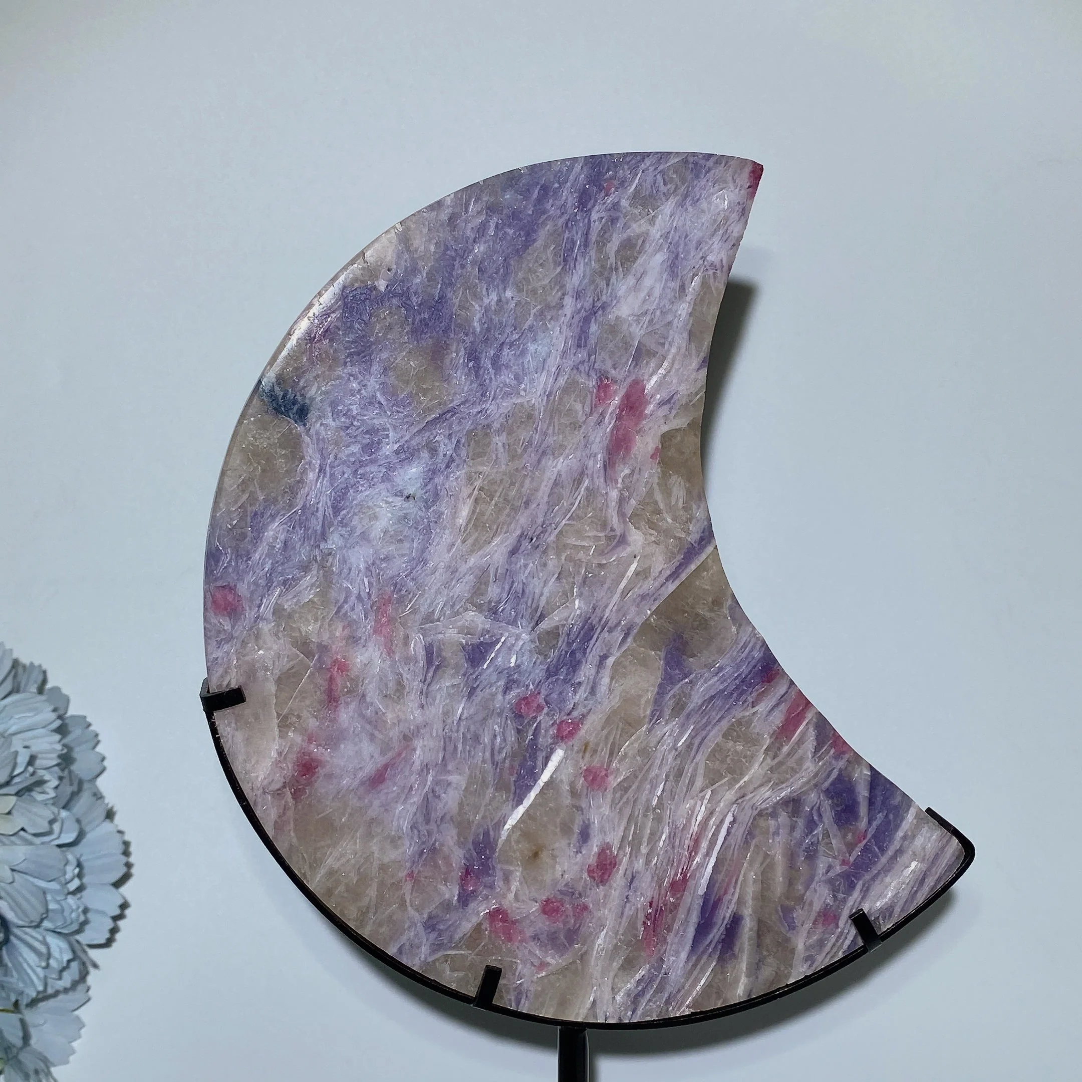 Large Crystal Heart & Moon Stone Carvings with Stand - Image 5