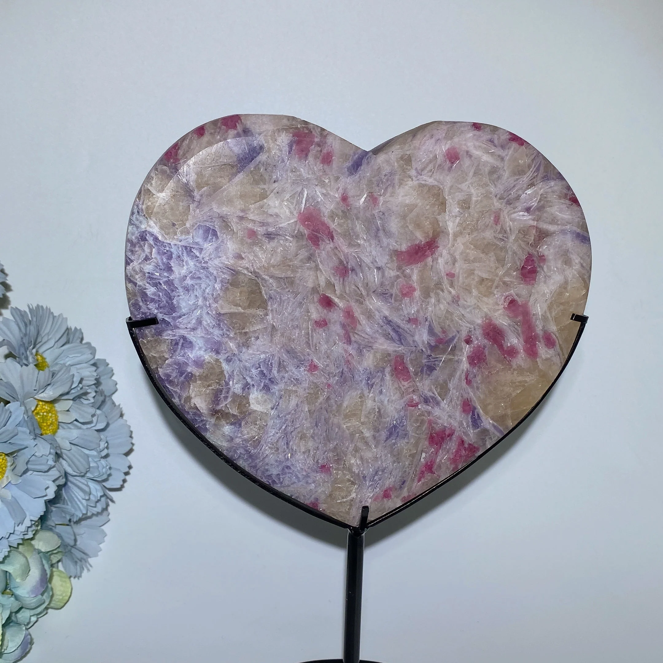 Large Crystal Heart & Moon Stone Carvings with Stand - Image 6
