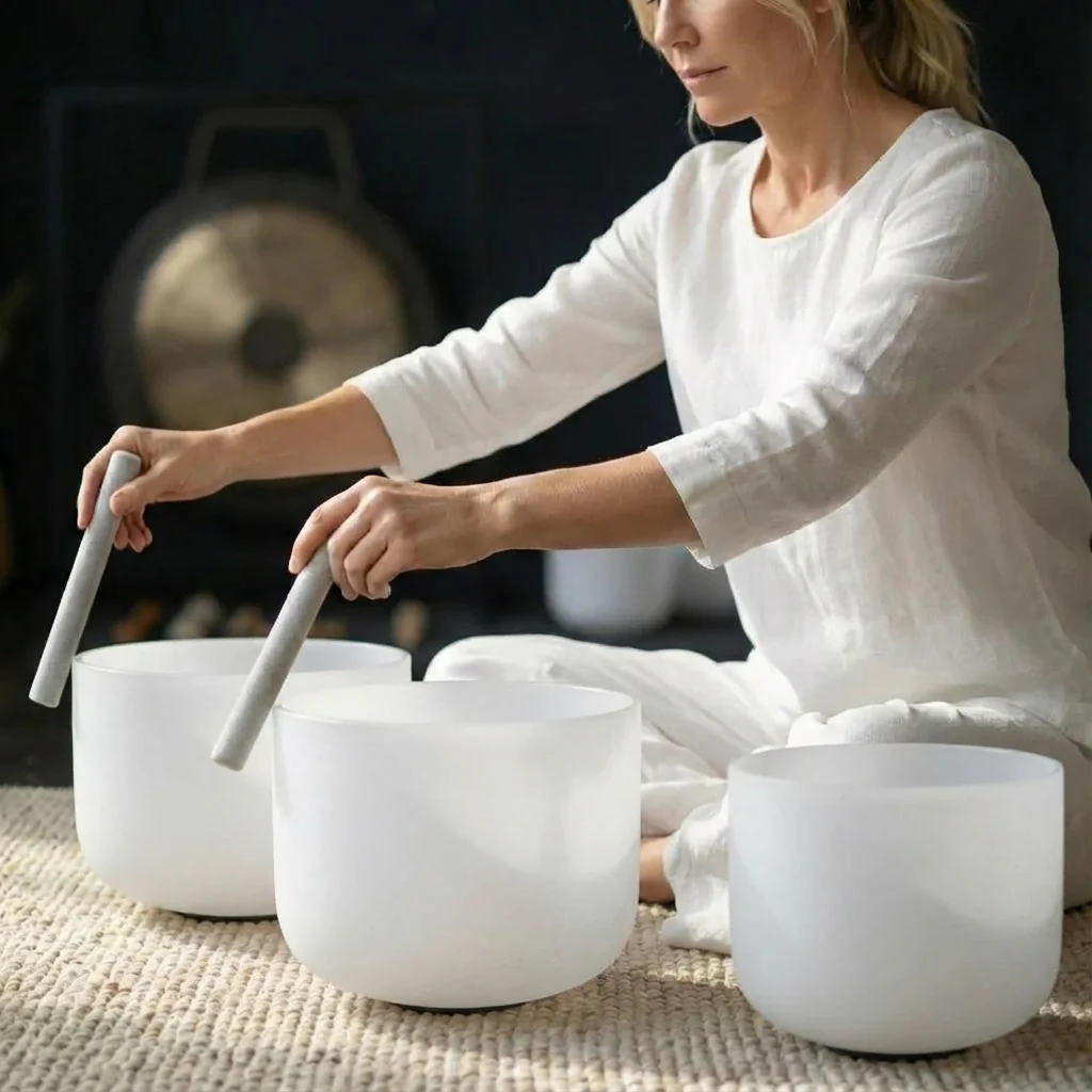 White Frosted Crystal Singing Bowl Set - 8 PCS 7-14 Inch - Image 4