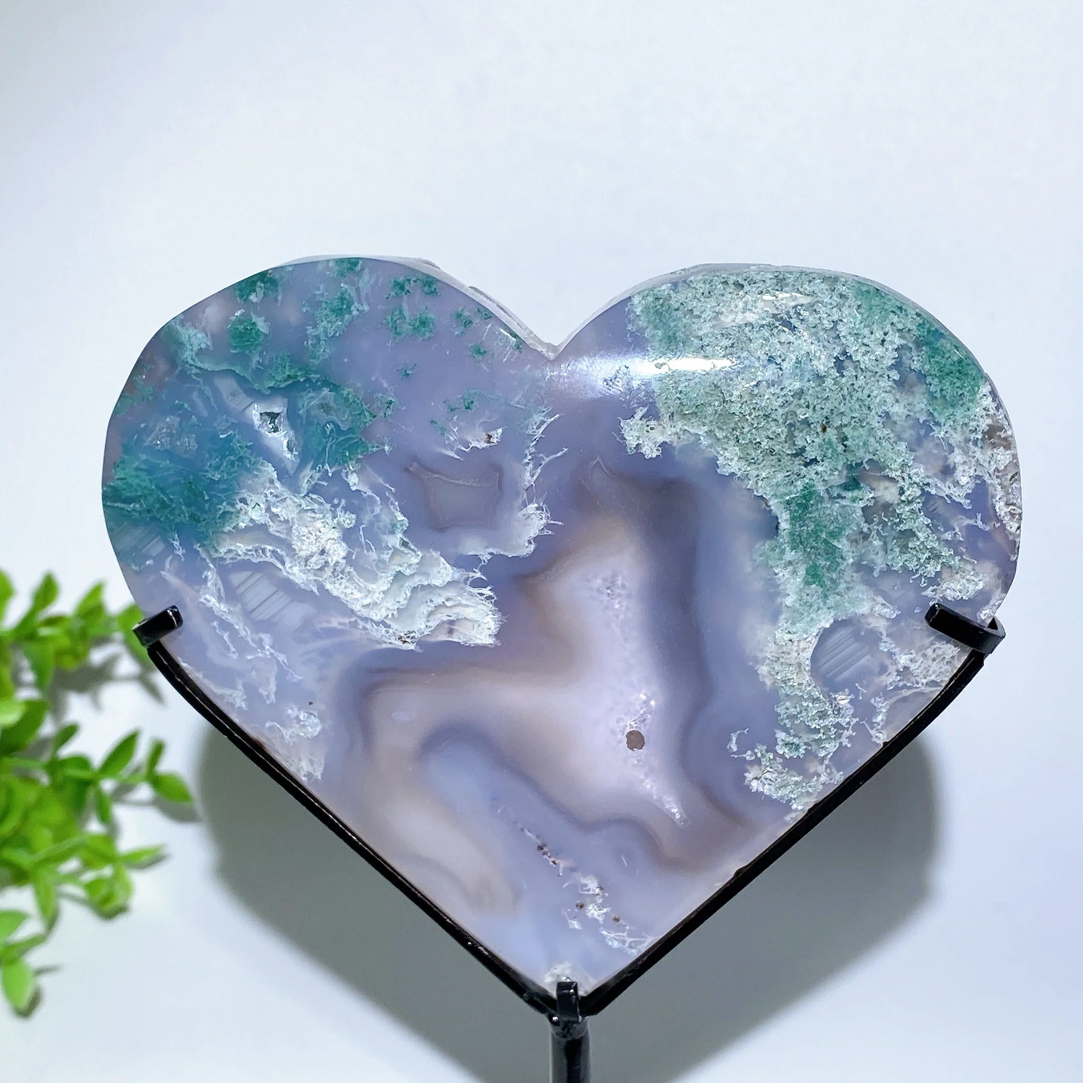 Druzy Moss Agate Heart 4-6 Inch Crystal Display - Image 3