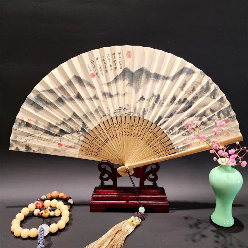 22cm Folding Fan with Panoramic Rivers and Mountains Design - Image 9
