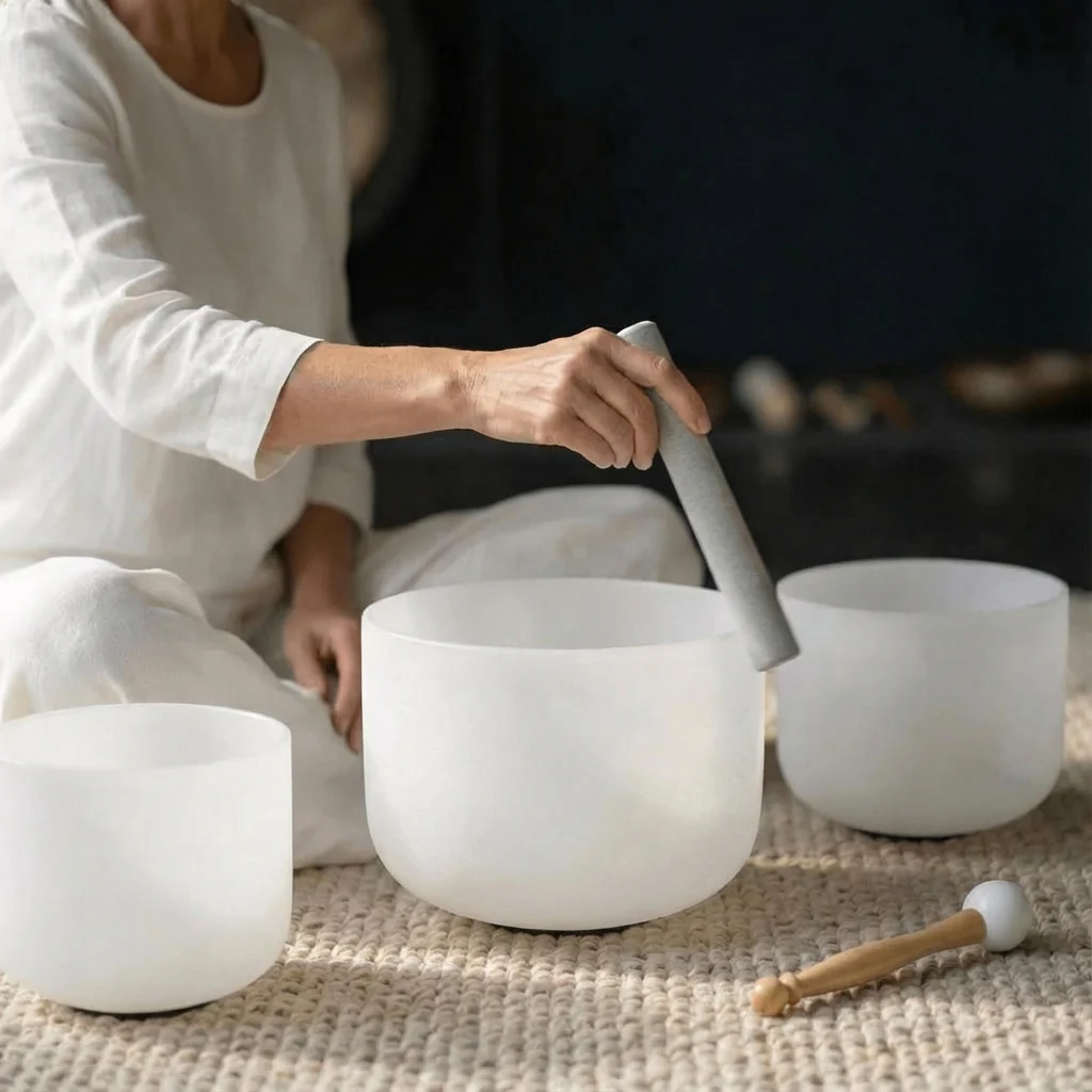 8"A 10"E 12"C Frosted Quartz Crystal Singing Bowl Set - Image 5