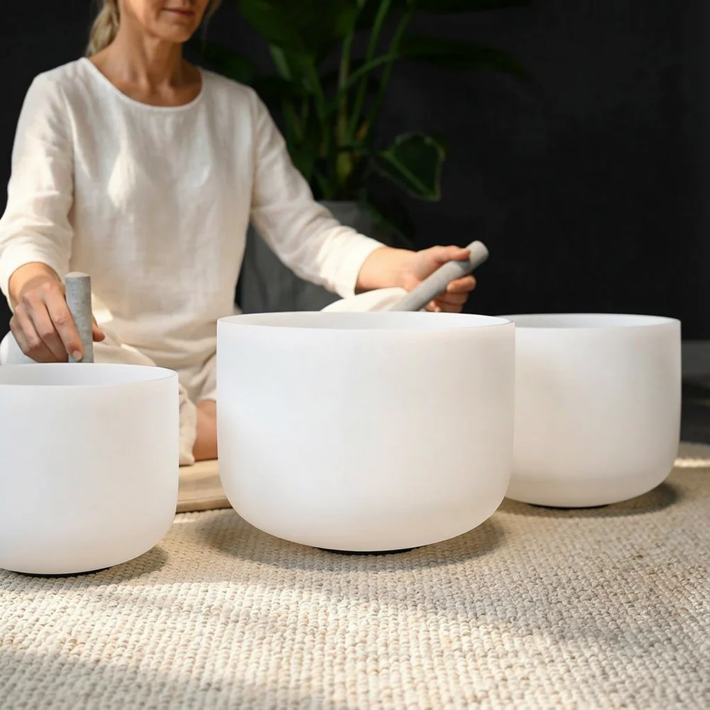 White Frosted Crystal Singing Bowl Set - 7 pcs - 6-16" - Image 5