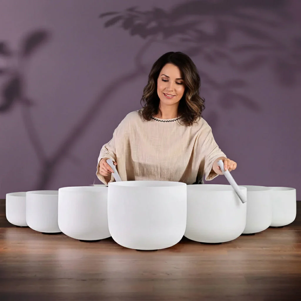 White Frosted Crystal Singing Bowl Set - 7 pcs - 6-16" - Image 6