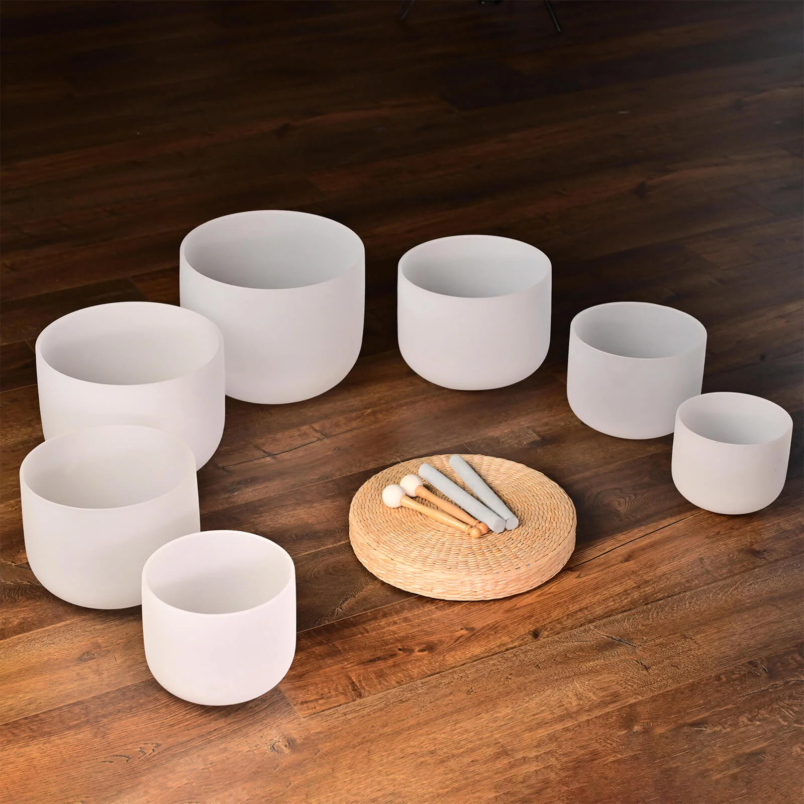 White Frosted Crystal Singing Bowl Set - 7 pcs - 6-16" - Image 7