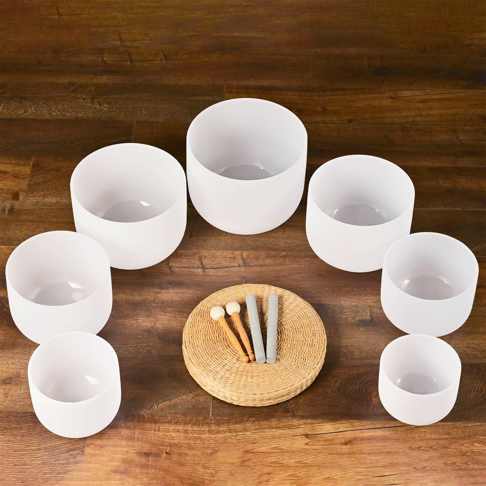 White Frosted Crystal Singing Bowl Set - 7 pcs - 6-16" - Image 8