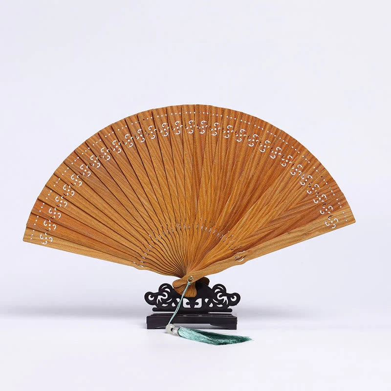 23cm Green Sandalwood Auspicious Clouds Folding Fan - Image 3