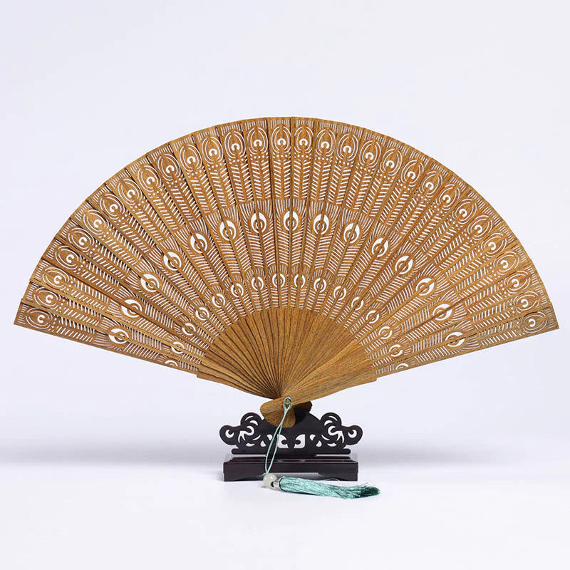 23cm Green Sandalwood Auspicious Clouds Folding Fan - Image 4