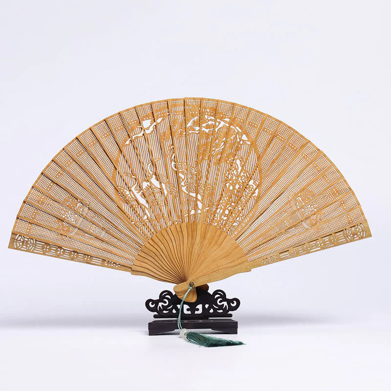23cm Green Sandalwood Auspicious Clouds Folding Fan - Image 5