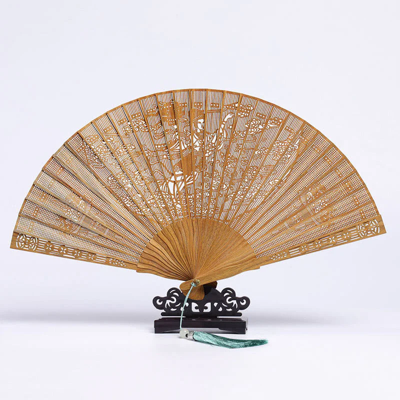 23cm Green Sandalwood Auspicious Clouds Folding Fan - Image 6