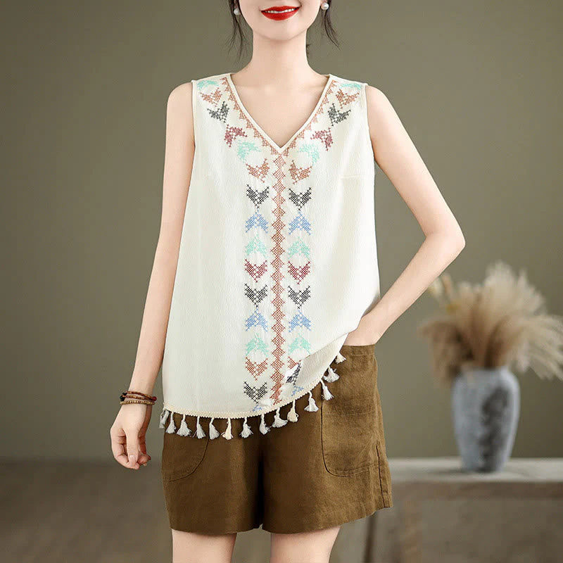 Retro Embroidery Polyester V-Neck Tassel Tank Top for Women - Image 13