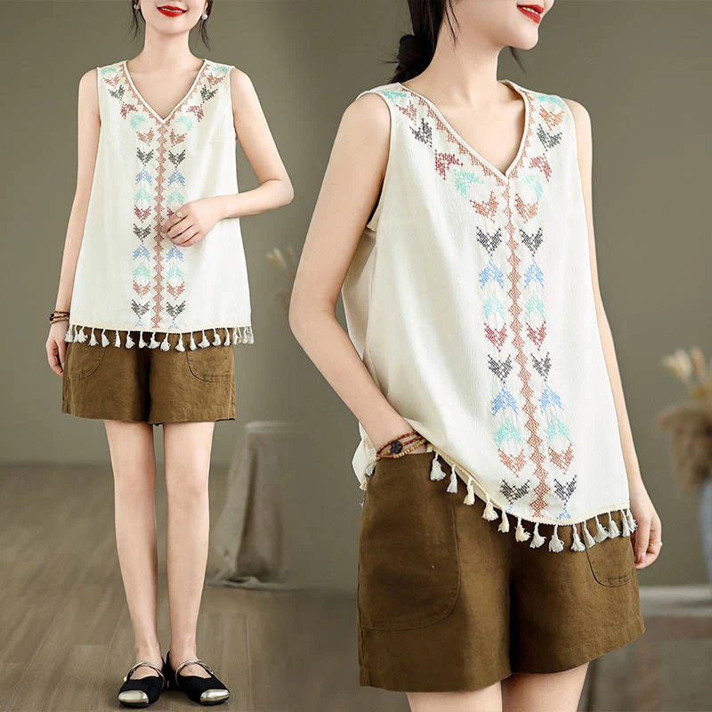 Retro Embroidery Polyester V-Neck Tassel Tank Top for Women - Image 14
