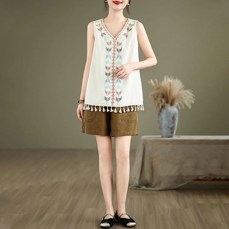 Retro Embroidery Polyester V-Neck Tassel Tank Top for Women - Image 15