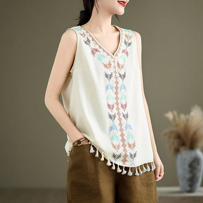 Retro Embroidery Polyester V-Neck Tassel Tank Top for Women - Image 3