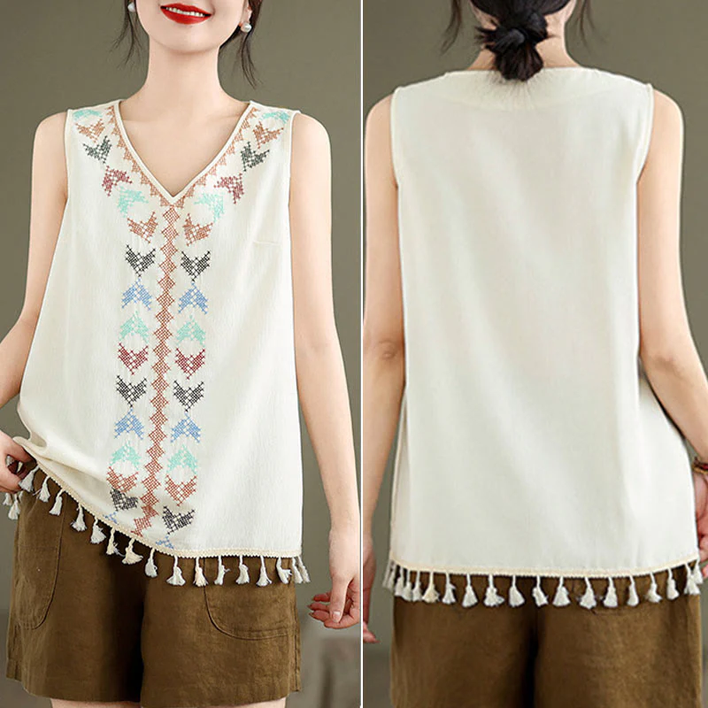 Retro Embroidery Polyester V-Neck Tassel Tank Top for Women - Image 5
