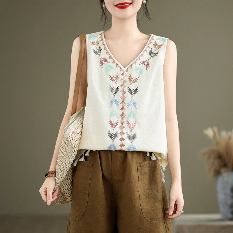 Retro Embroidery Polyester V-Neck Tassel Tank Top for Women - Image 6